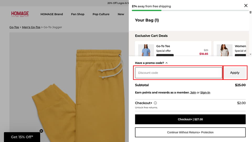 HOMAGE checkout page showing the Discount code field and Apply button