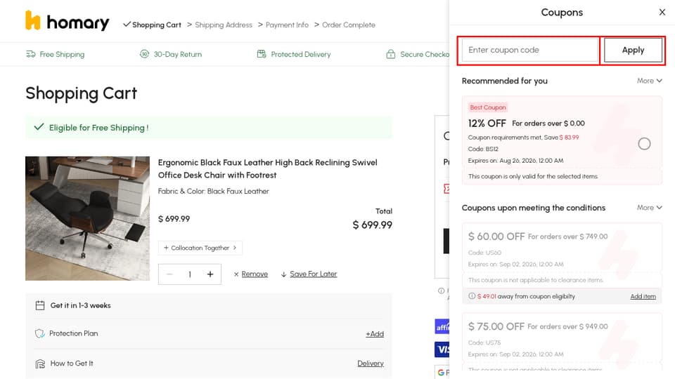Homary checkout page showing the Enter coupon code field and Apply button