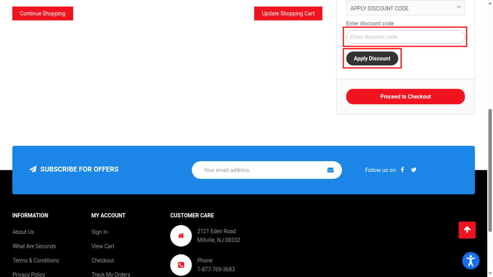 Home and Cook Sales checkout page showing the Enter discount code field and Apply Discount button