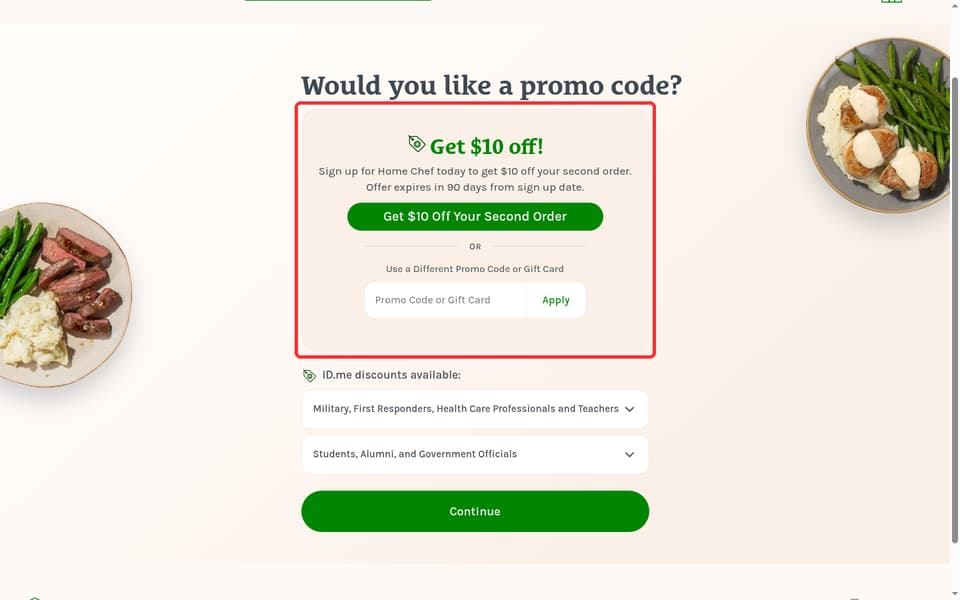 Home Chef checkout page showing the Promo Code or Gift Card field and Apply button