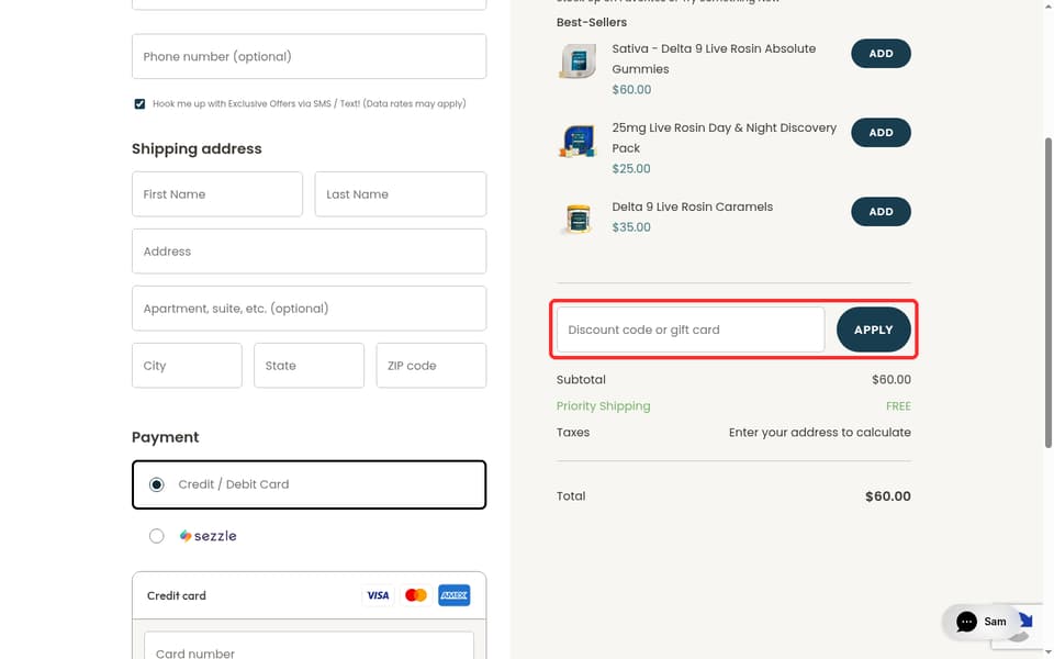 Hometown Hero CBD checkout page showing the Discount code or gift card field and Apply button