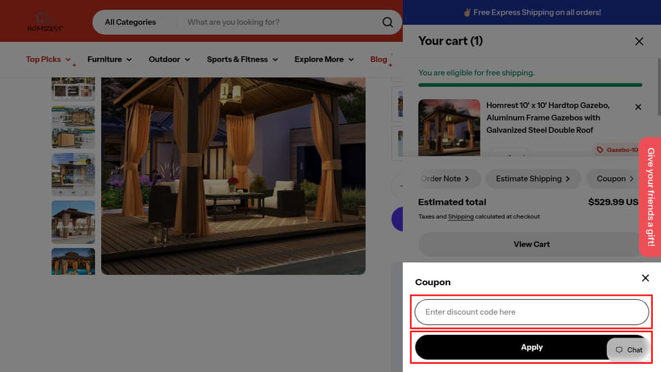 Homrest checkout page showing the Enter discount code here field and Apply button