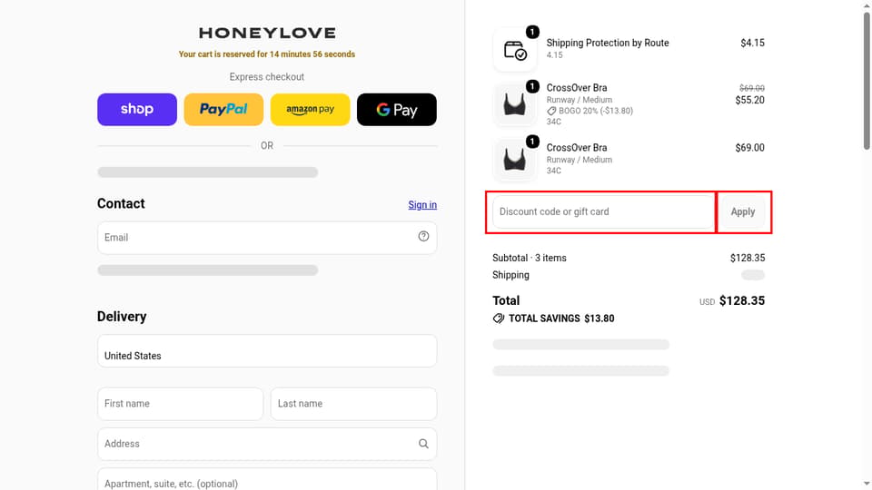 Honeylove checkout page showing the Discount code or gift card field and Apply button