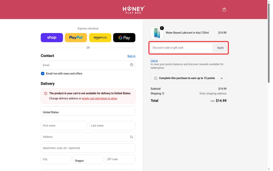 Honey Play Box checkout page showing the Discount code or gift card field and Apply button