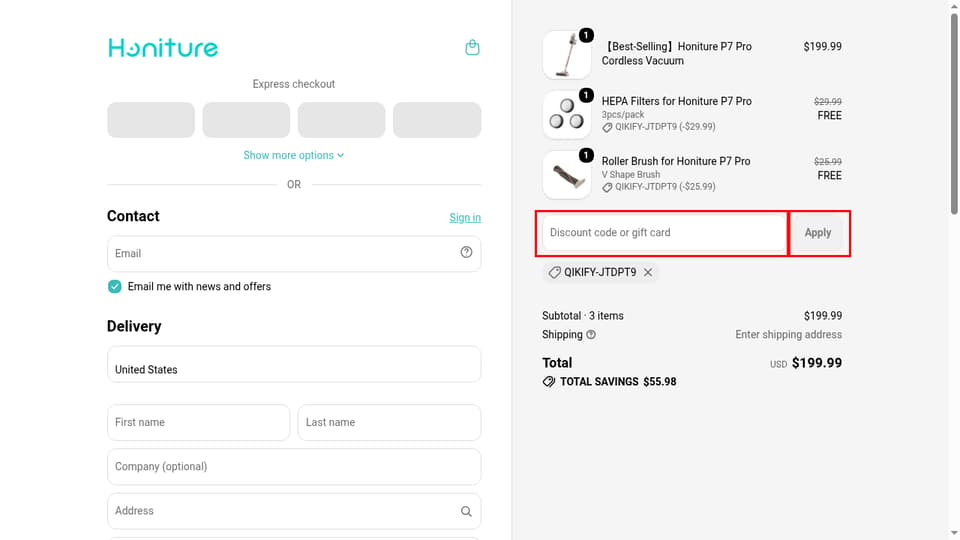 Honiture checkout page showing the Discount code or gift card field and Apply button
