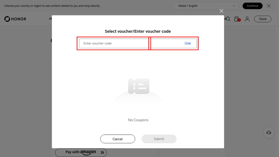 HONOR checkout page showing the Enter voucher code field and Use button