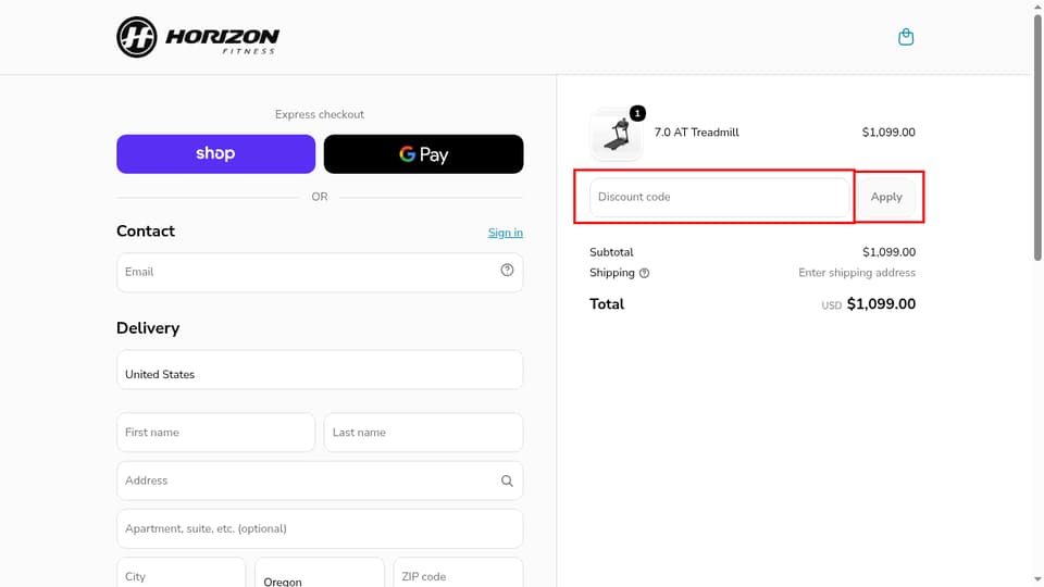 Horizon Fitness checkout page showing the Discount code field and Apply button