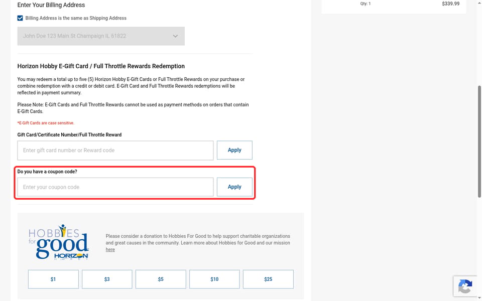 Horizon Hobby checkout page showing the Enter your coupon code field and Apply button