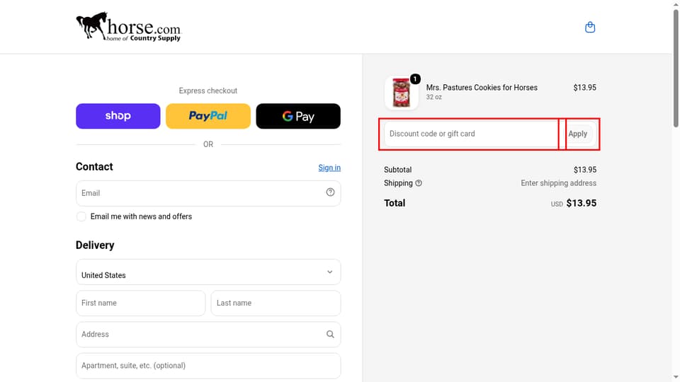 Horse.com checkout page showing the Discount code or gift card field and Apply button