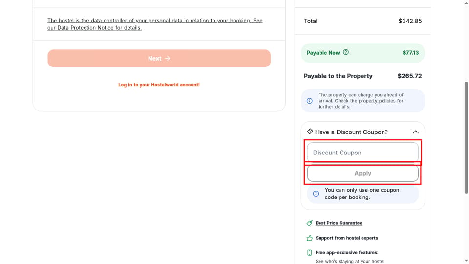 Hostelworld checkout page showing the Discount Coupon field and Apply button
