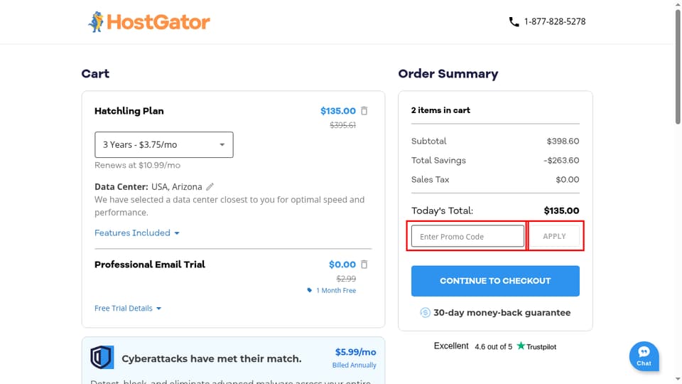 HostGator checkout page showing the Enter Promo Code field and Apply button