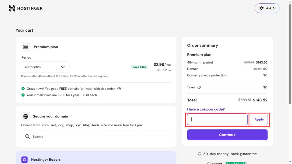 Hostinger checkout page showing the Enter coupon code field and Apply button