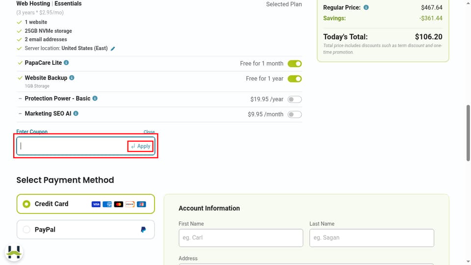 HostPapa checkout page showing the coupon_code field and Apply button