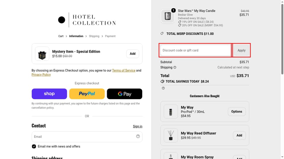 Hotel Collection checkout page showing the Discount code or gift card field and Apply button