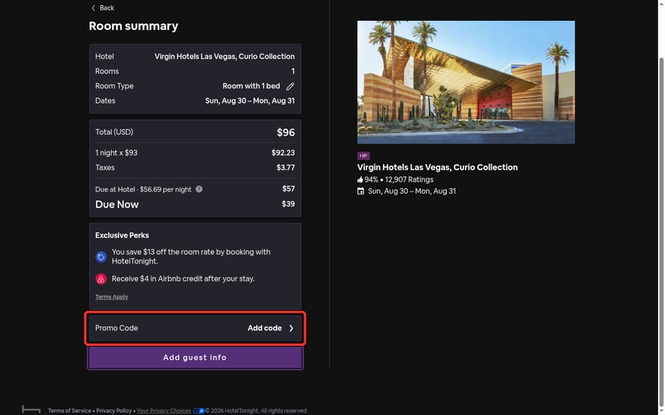 HotelTonight checkout page showing the Promo Code field and Add code button