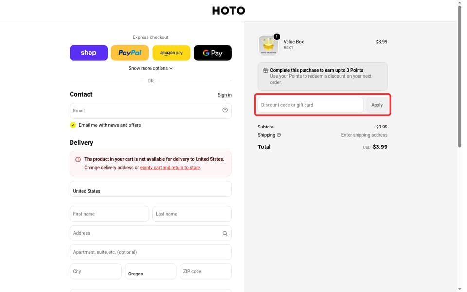 HOTO checkout page showing the Discount code or gift card field and Apply button
