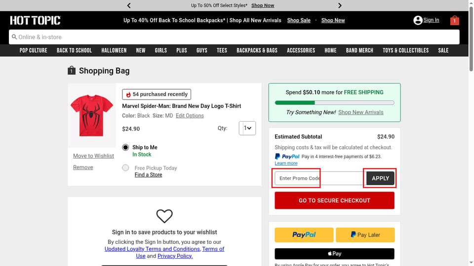 Hot Topic checkout page showing the Enter Promo Code field and APPLY button