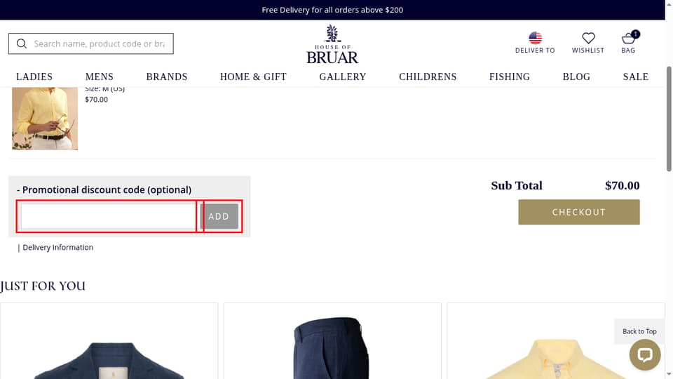 The House of Bruar checkout page showing the Enter Code field and Add button
