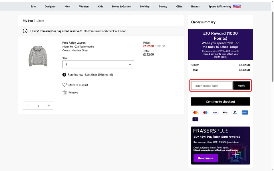 FRASERS checkout page showing the Enter promo code field and Apply button