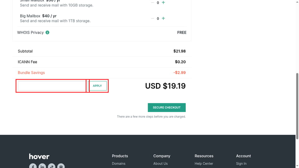 Hover checkout page showing the promo_code_input field and Apply button