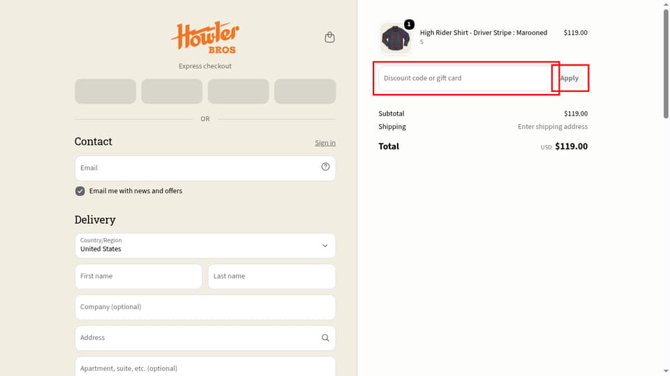 Howler Brothers checkout page showing the Discount code or gift card field and Apply button