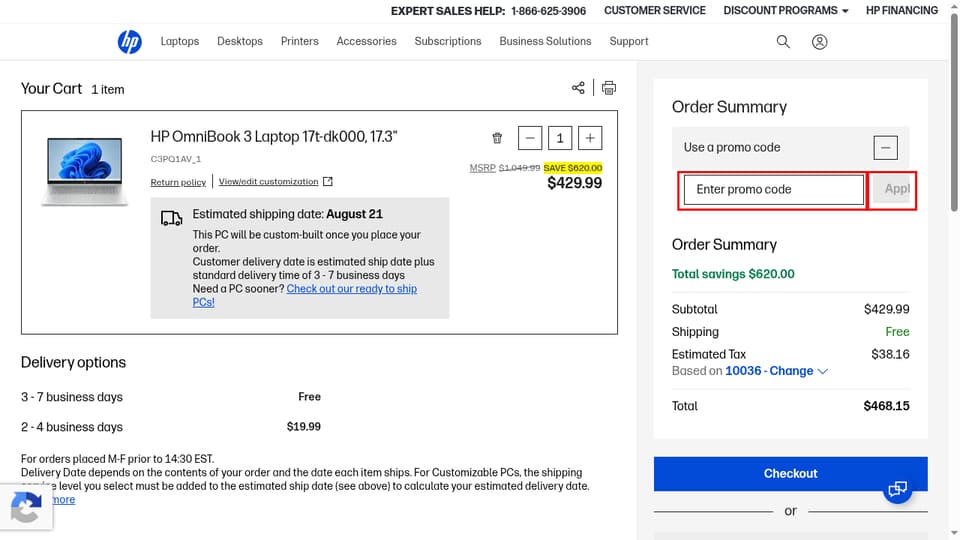 HP checkout page showing the Enter promo code field and Apply button