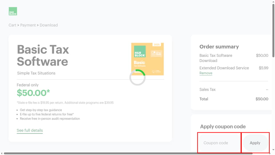 H&R Block checkout page showing the Coupon code field and Apply button