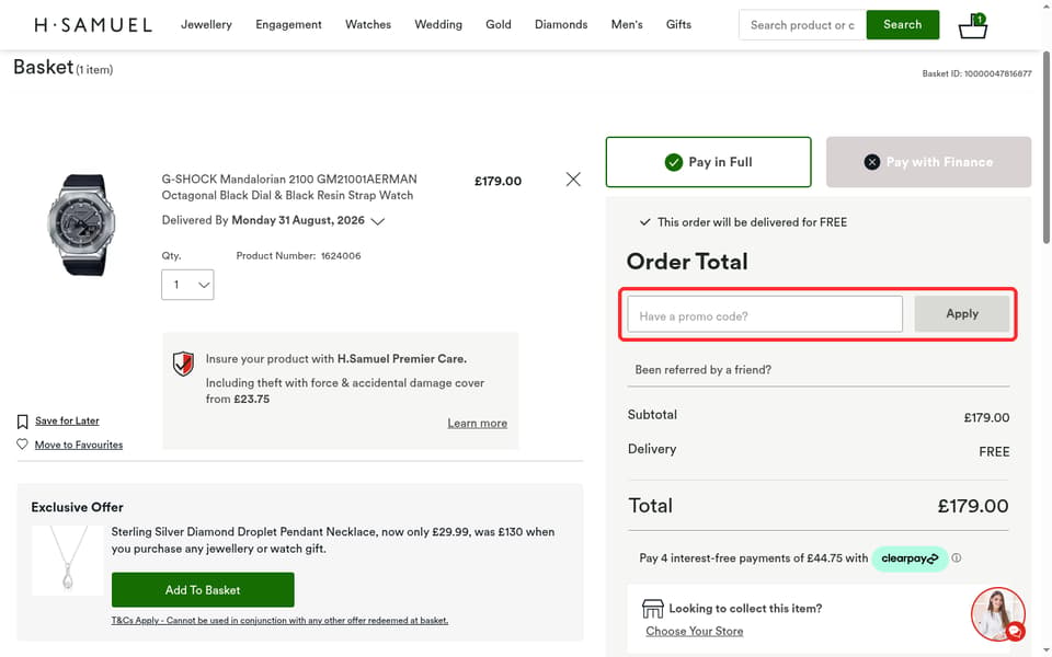 H. Samuel checkout page showing the Have a promo code? field and Apply button