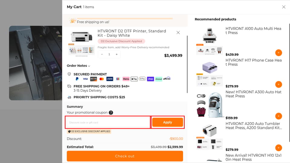 HTVRONT checkout page showing the Discount code or gift card field and Apply button