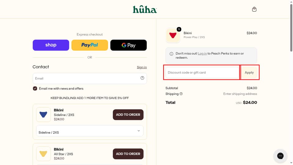 Huha checkout page showing the Discount code or gift card field and Apply button