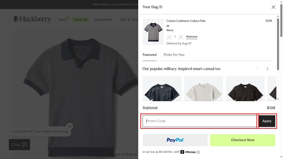 Huckberry checkout page showing the Promo Code field and Apply button