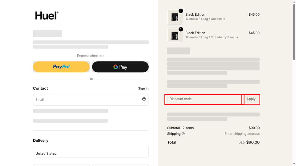 Huel checkout page showing the Discount code field and Apply button