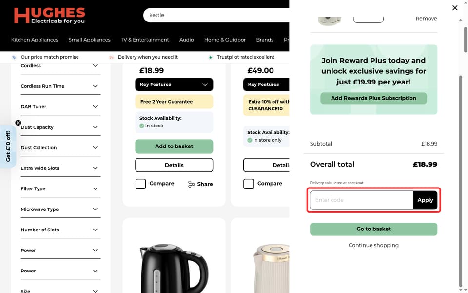 Hughes checkout page showing the Enter code field and Apply button