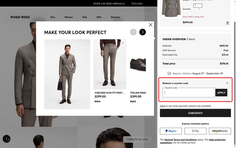 Hugo Boss checkout page showing the Voucher code field and Apply button