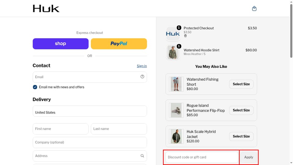 Huk Performance Fishing checkout page showing the Discount code or gift card field and Apply button