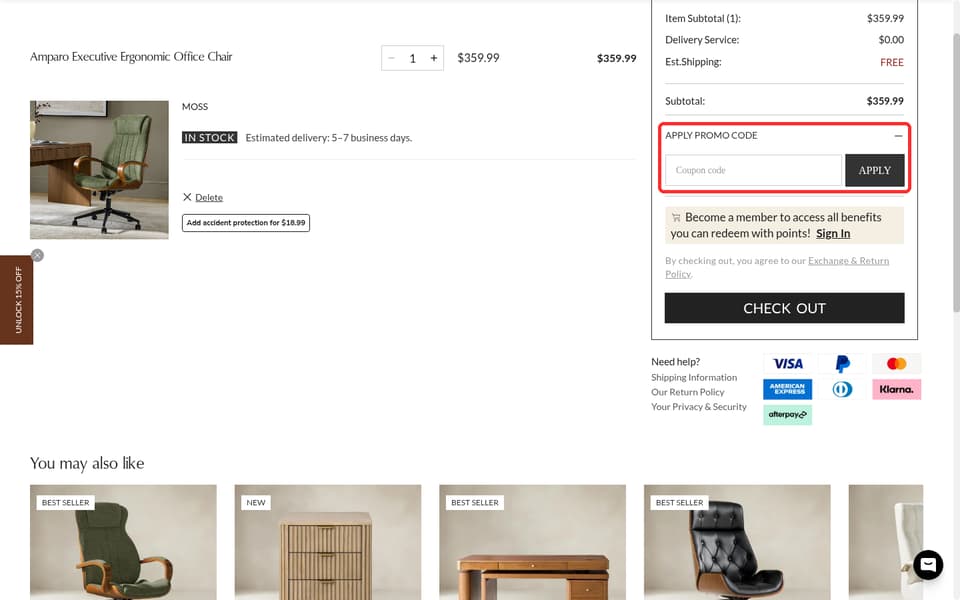 HULALA HOME checkout page showing the Coupon code field and Apply button