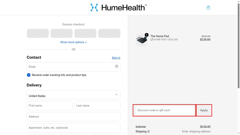Hume Health checkout page showing the Discount code or gift card field and Apply button