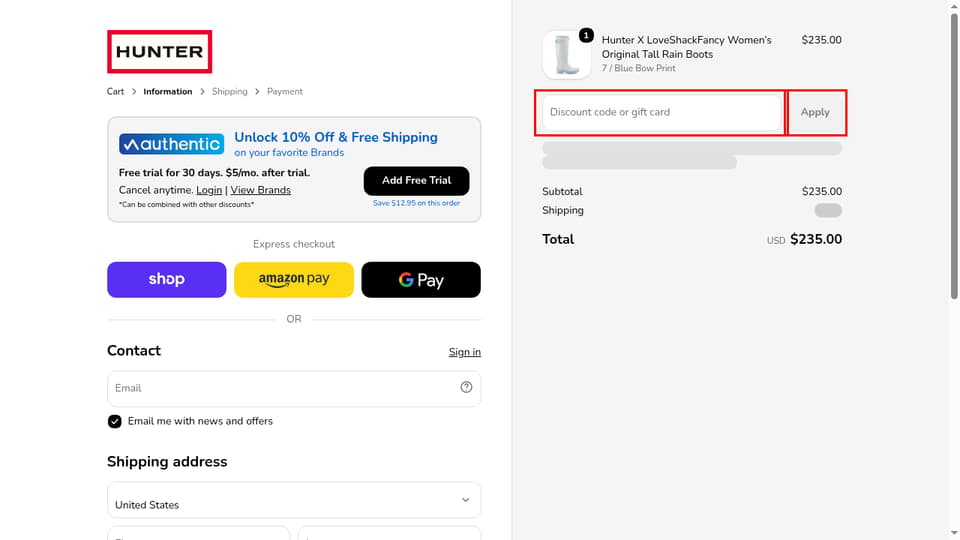 Hunter checkout page showing the Discount code or gift card field and Apply button