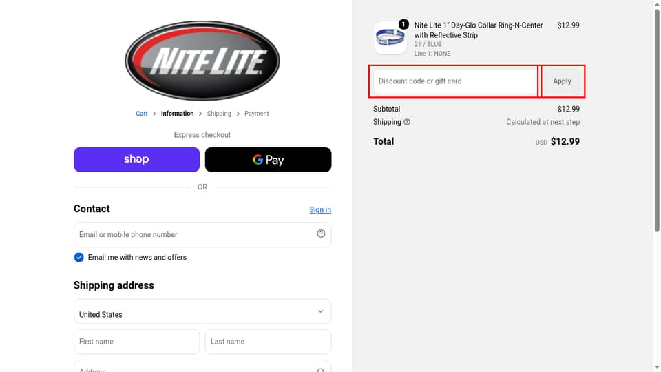 Hunt Smart checkout page showing the Discount code or gift card field and Apply button