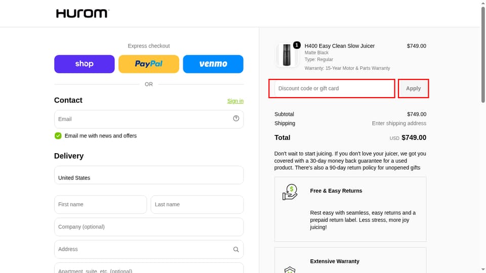 Hurom checkout page showing the Discount code or gift card field and Apply button