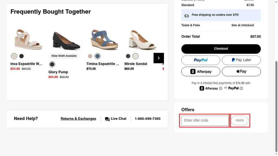 Hush Puppies checkout page showing the Enter offer code field and Apply button