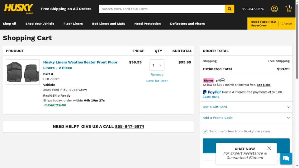 Husky Liners checkout page showing the Promo Code field and Apply button