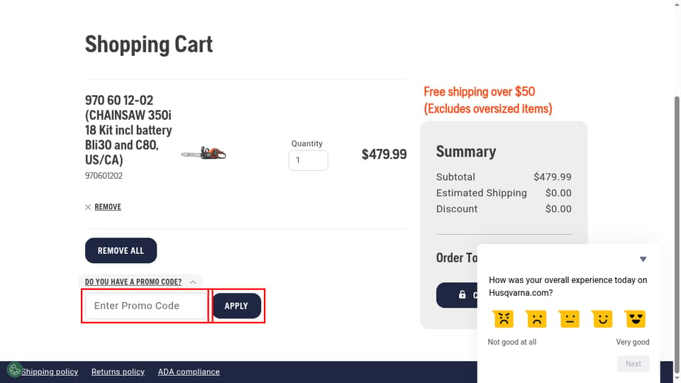 Husqvarna checkout page showing the Enter Promo Code field and Apply button