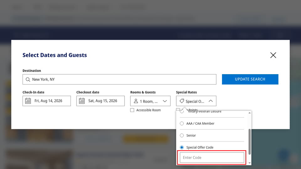 Hyatt checkout page showing the Enter Code field and UPDATE SEARCH button