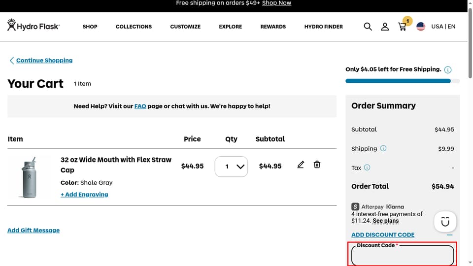Hydro Flask checkout page showing the Enter discount code field and Apply Discount button