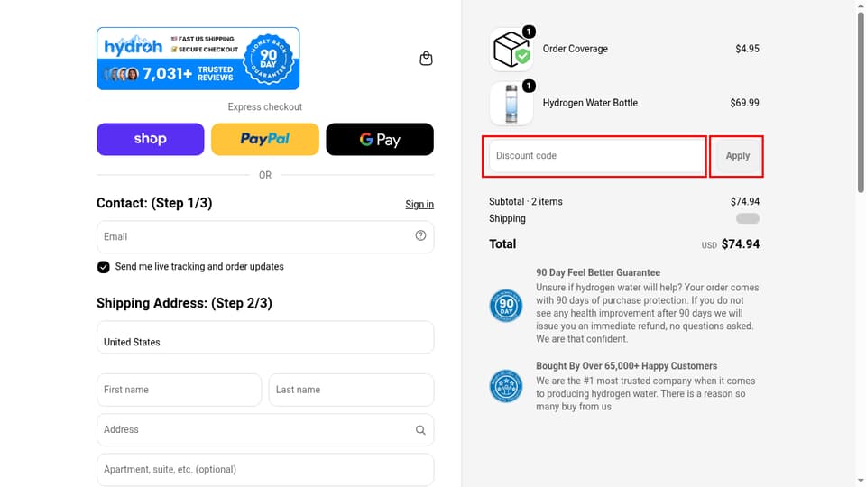 Hydroh Bottle checkout page showing the Discount code field and Apply button