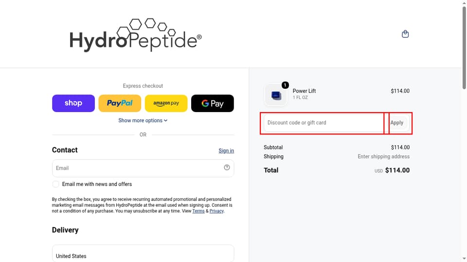 HydroPeptide checkout page showing the Discount code or gift card field and Apply button