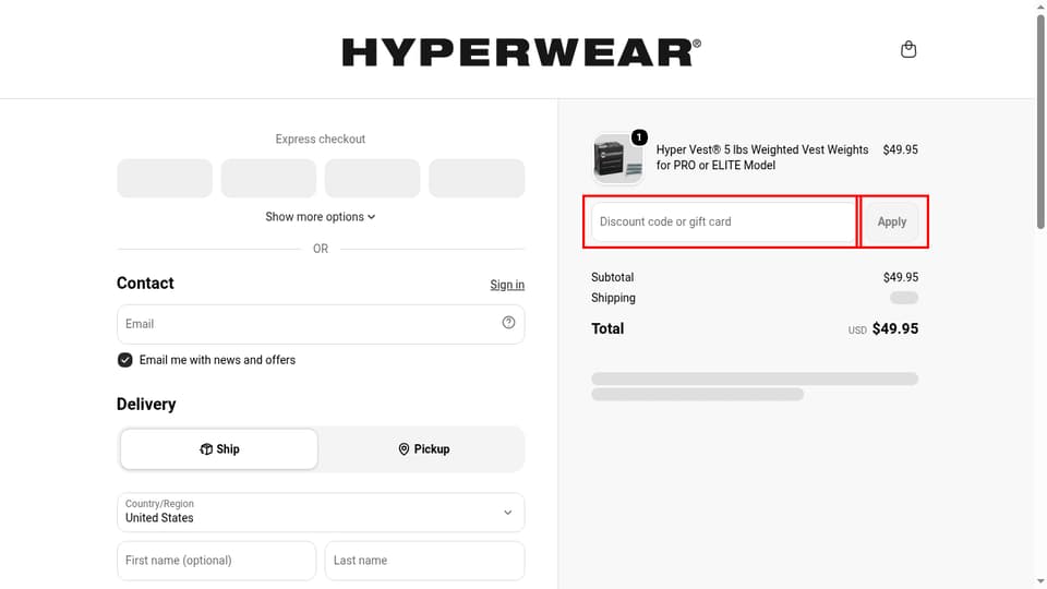 Hyperwear checkout page showing the Discount code or gift card field and Apply button