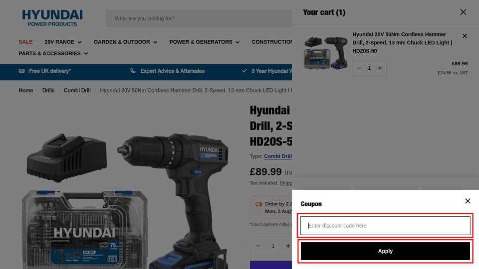 Hyundai Power Products UK checkout page showing the Enter discount code here field and Apply button