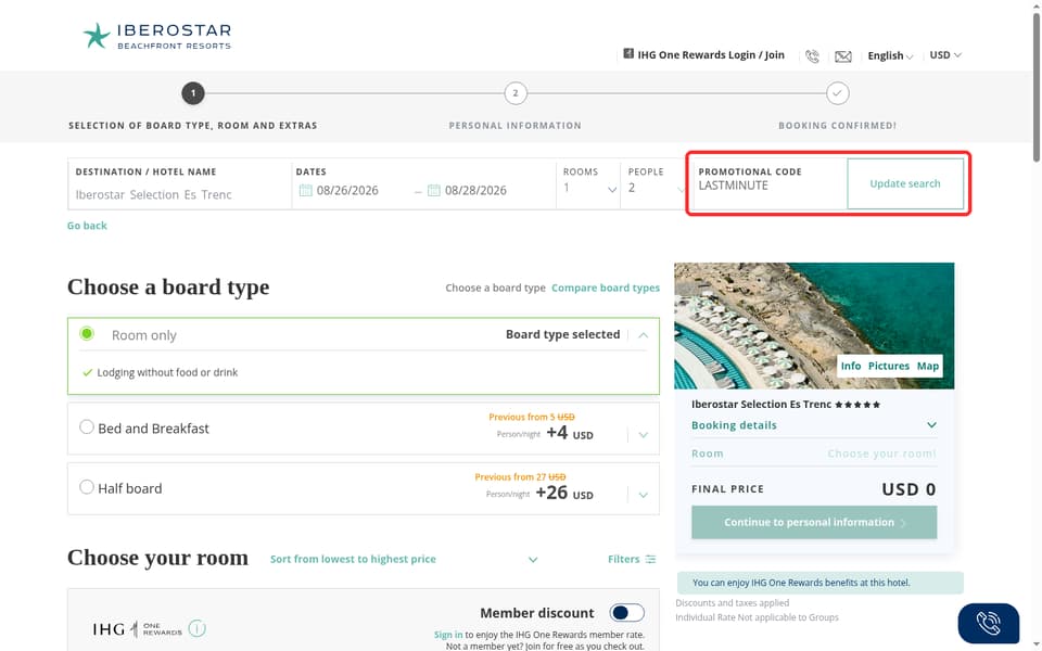 Iberostar Beachfront Resorts checkout page showing the PROMOTIONAL CODE field and Update search button